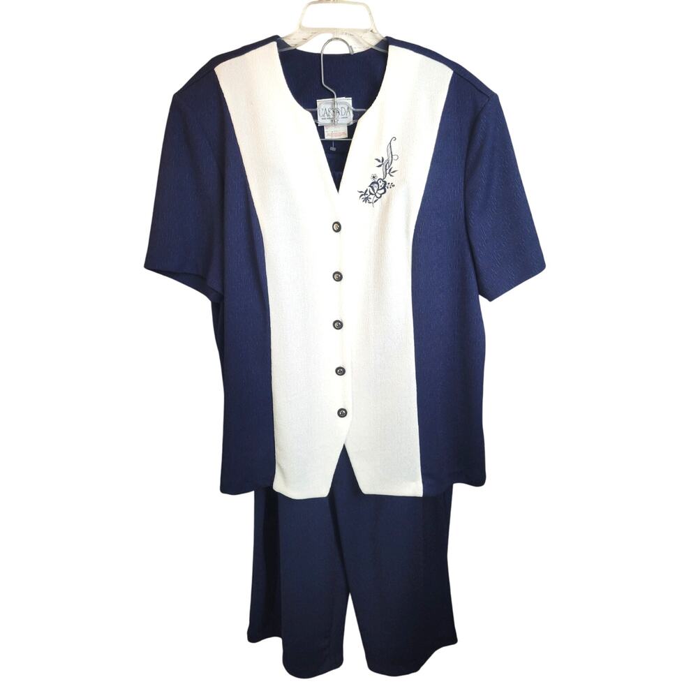 Cassada Navy Blue Formal Casual Button Shirt & Wide Leg Pants‎ Women's Size 24W